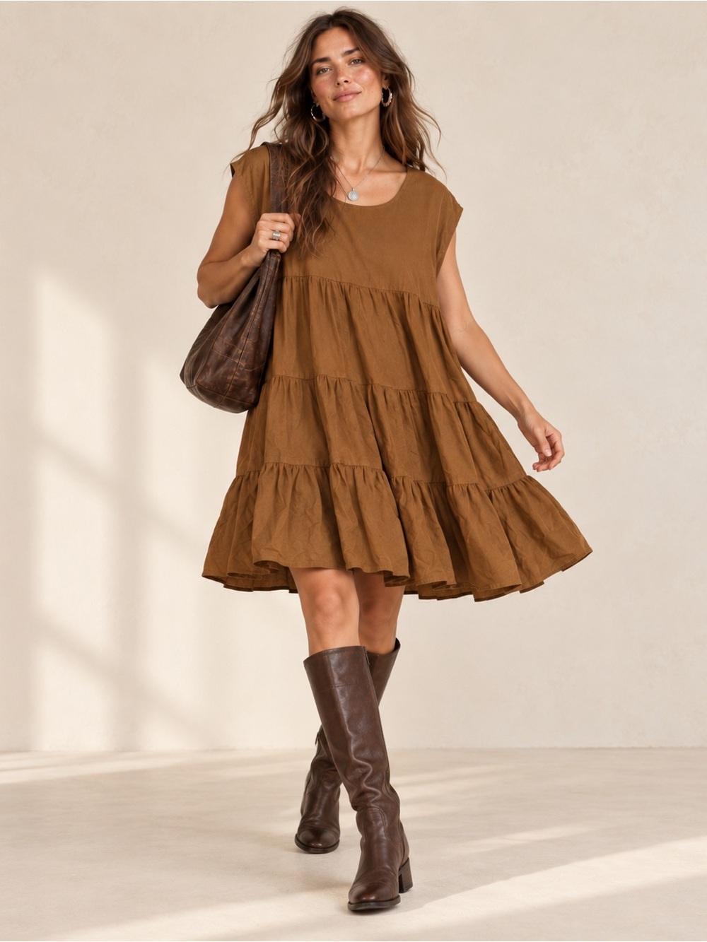 Voloshin Luna Tiered Baby Corduroy Weekend Dress Camel XS/S  Fall Layering